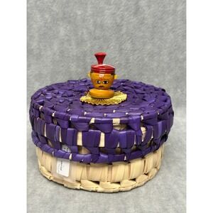 Palm Leaf Basket Purple Natural Woven Lidded Box with Figurine Finial Handcraft